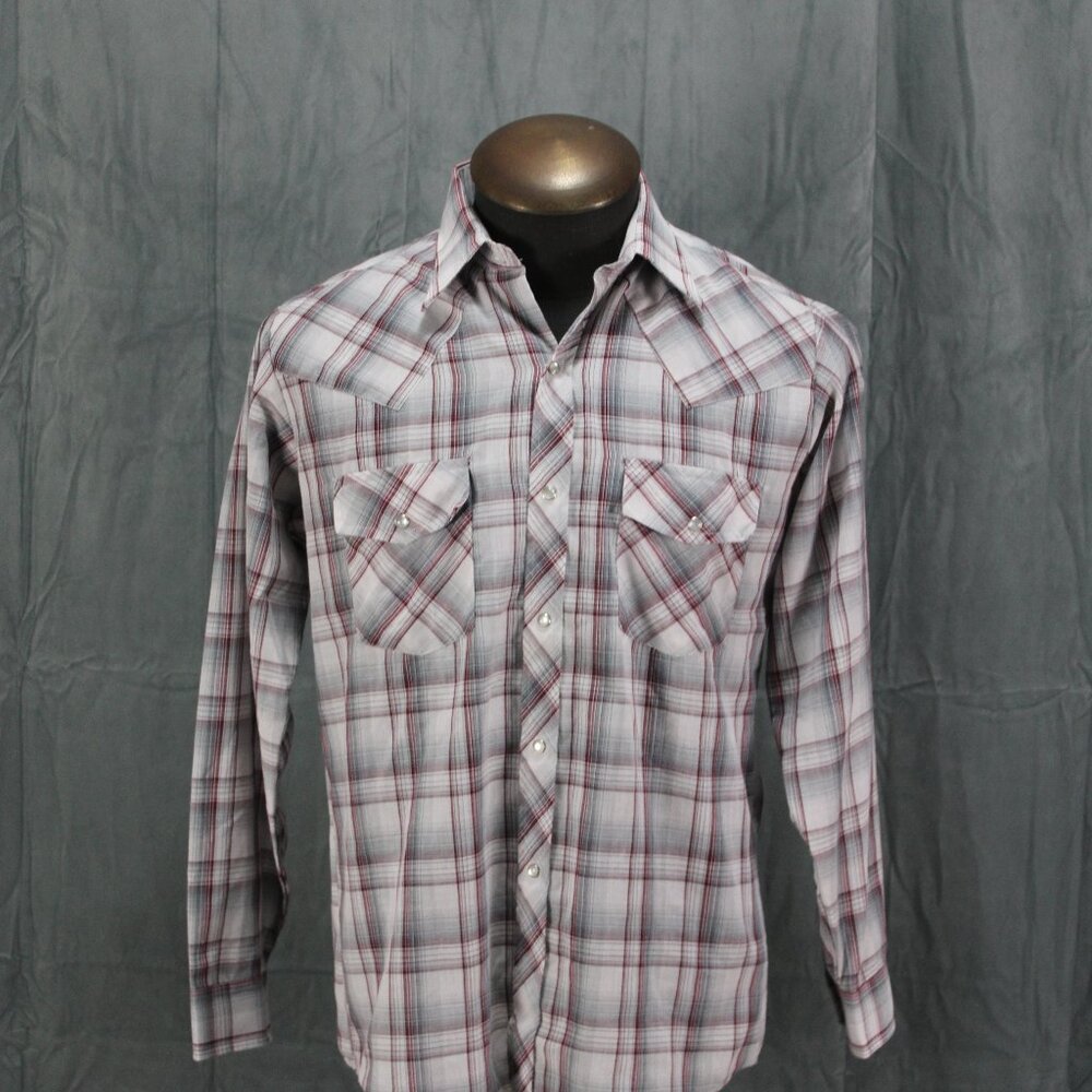 Vintage Western Shirt - Grey White and Red Plaid Pattern - Men's Medium